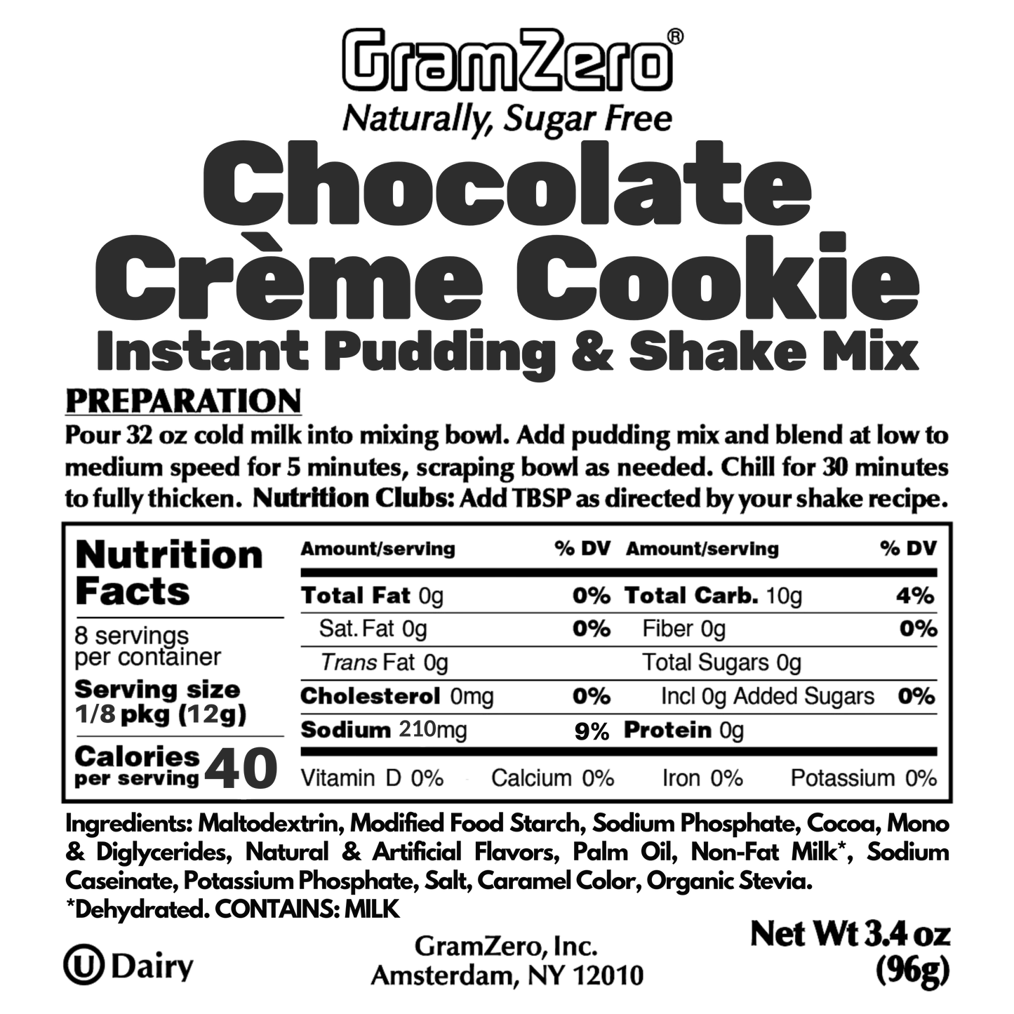 Chocolate Creme Cookie Gramzero Sugar Free Pudding Mix Without Aspartame Ingredients and Nutrition