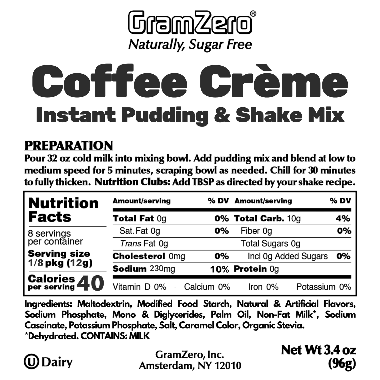 Coffee Creme Gramzero Sugar Free Pudding Mix Without Aspartame Ingredients and Nutrition