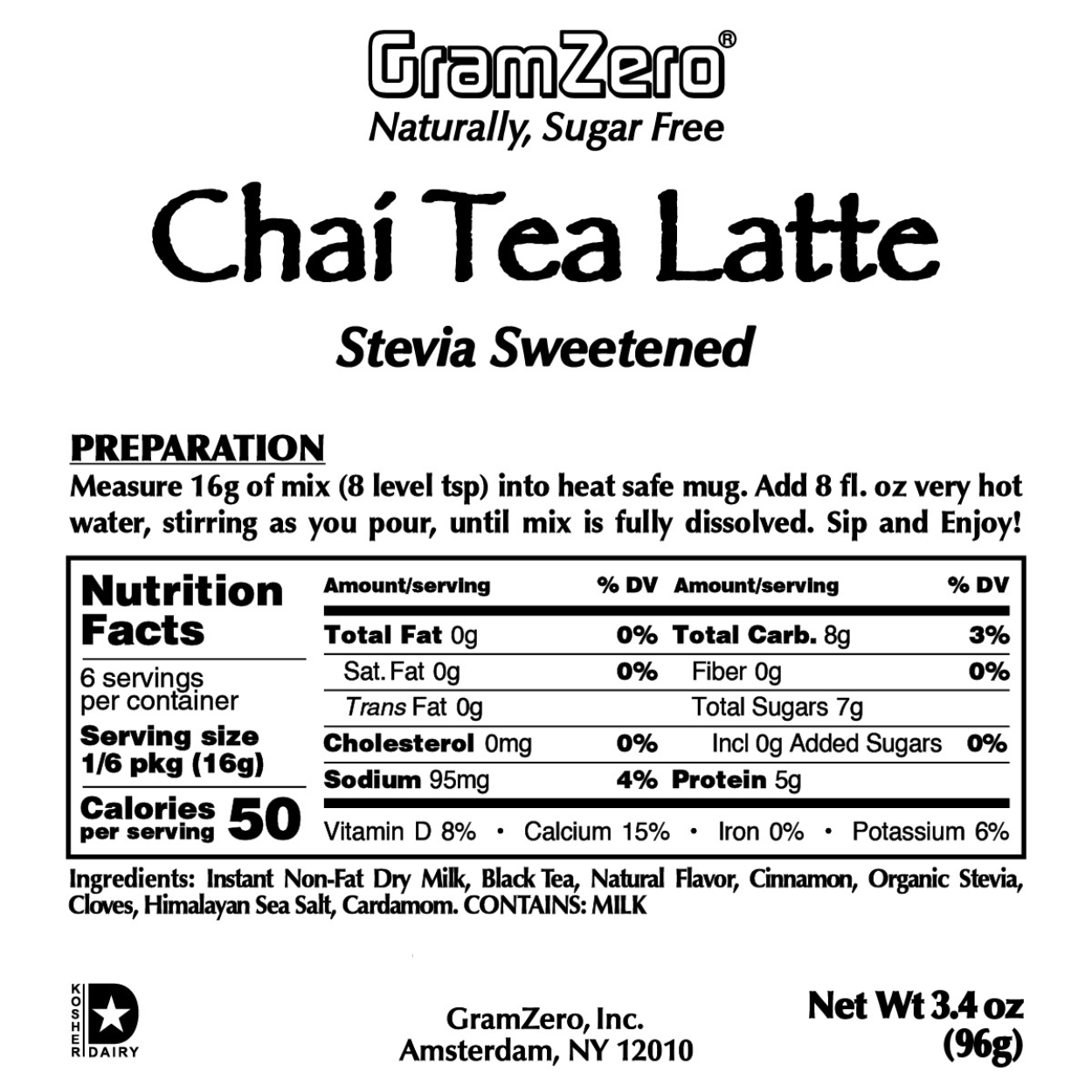 Gramzero Chai Tea Latte Nutrition and Ingredients