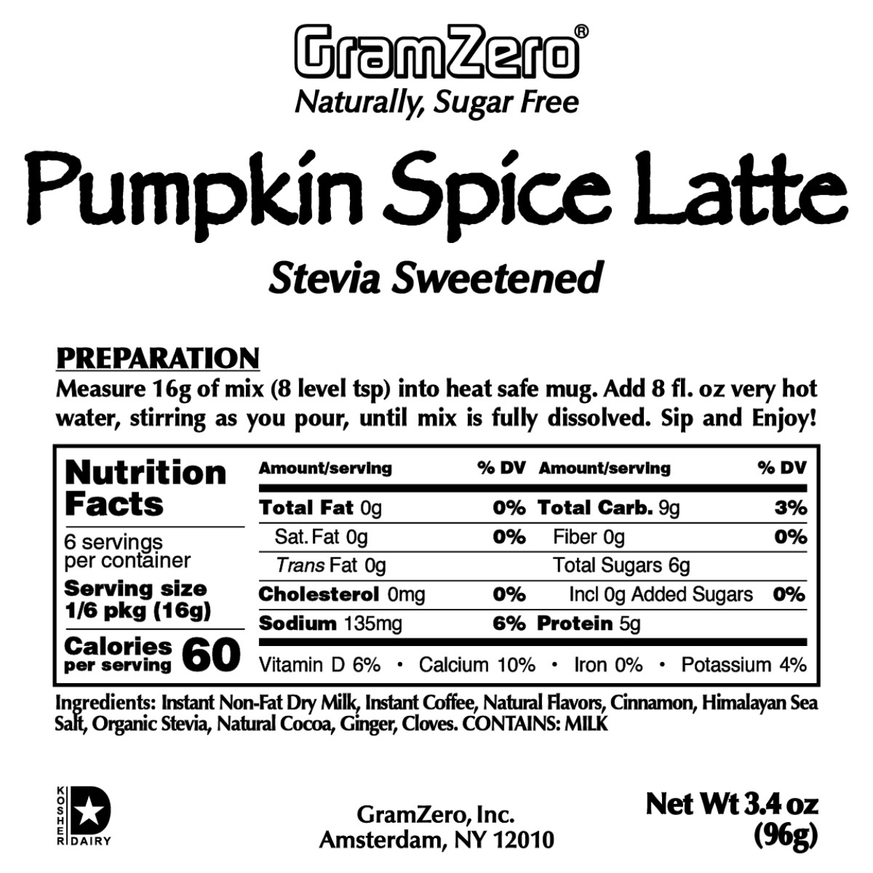 Gramzero Pumpkin Spice Latte Mix Nutrition and Ingredients