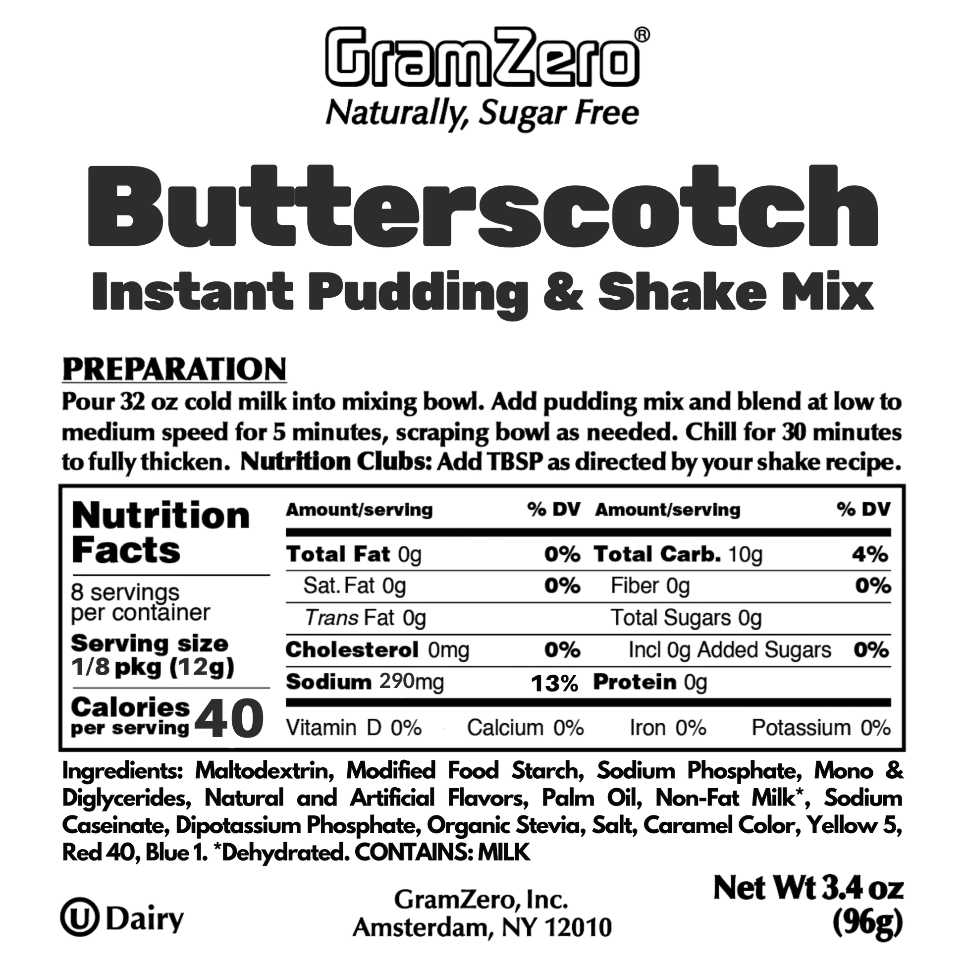Butterscotch Gramzero Sugar Free Pudding Mix Without Aspartame Ingredients and Nutrition